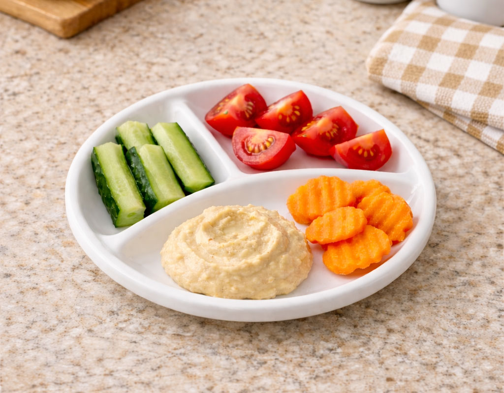 Divided plate with hummus, cucumber, tomatoes, carrots