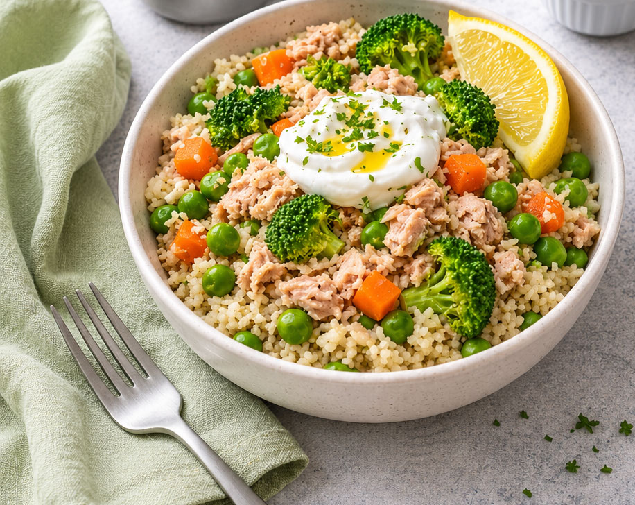 Couscous salad with vegetables, tuna, yogurt, and lemon
