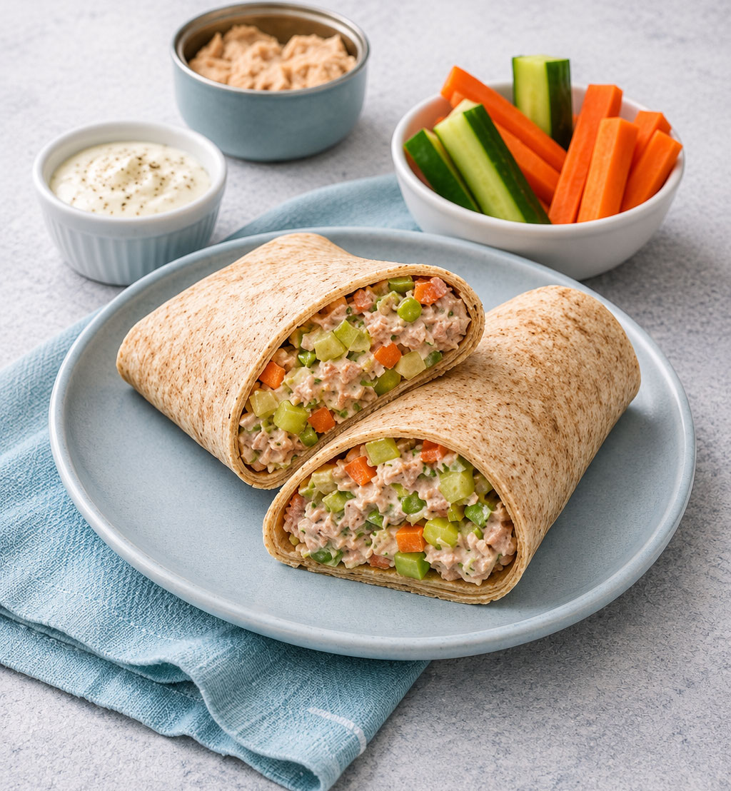 Wrap with vegetables on plate, dip in bowls nearby